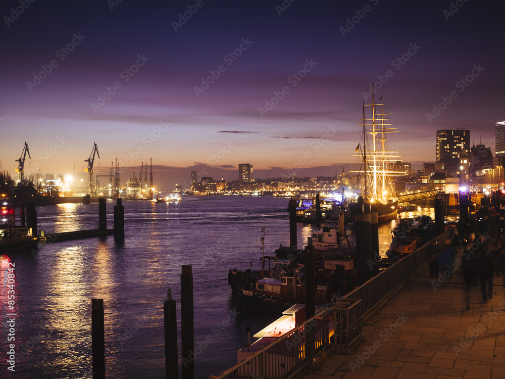 Germany, Hamburg, harbor and view of St. Pauli at night Germany, Hamburg, harbor and view of St. Pauli at night