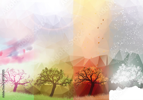 Four Seasons Banners Spring, Summer, Fall, Winter with Abstract Trees - Vector Illustration