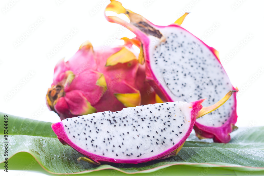 Dragon fruit on banana leaf Dragon fruit on banana leaf