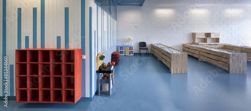 Estonia, empty shoe rack in a newly built kindergarten photo