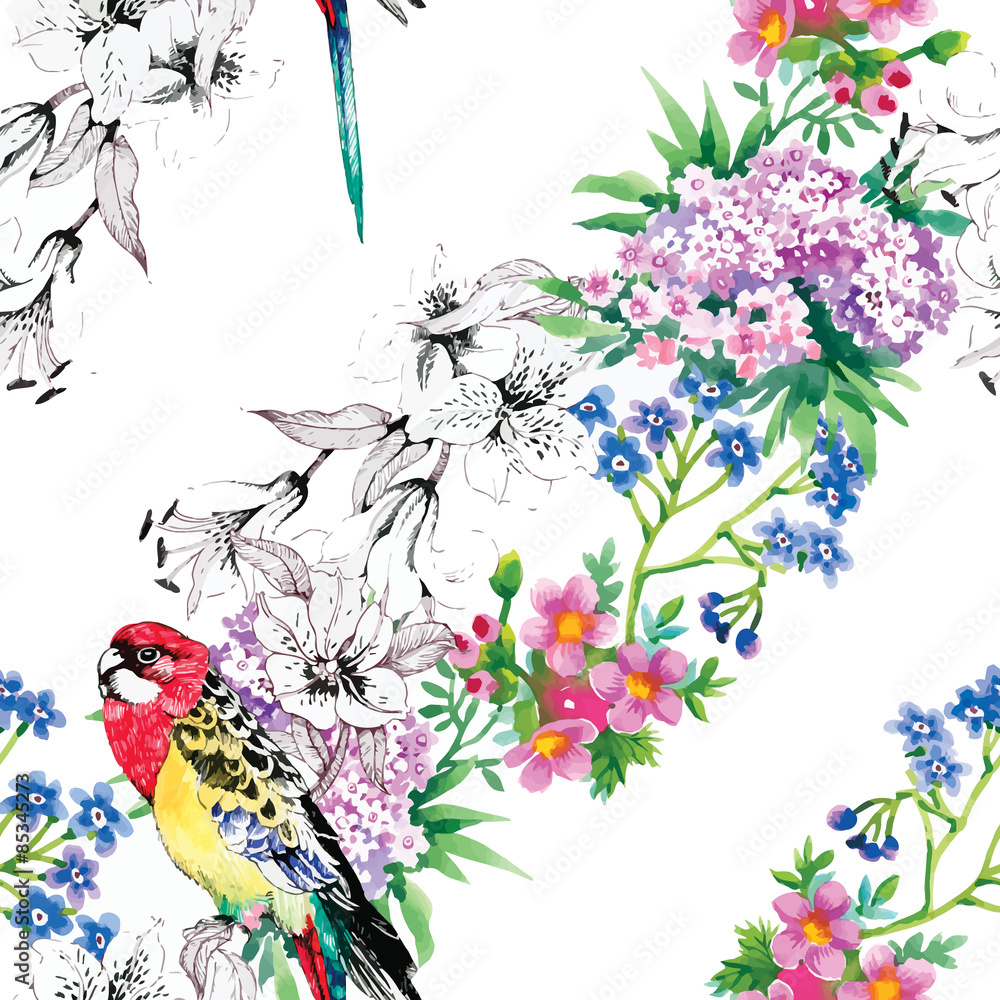 Fototapeta premium bird, tropical, palm tree, watercolor, pineapple, pattern, wallpaper, toucan