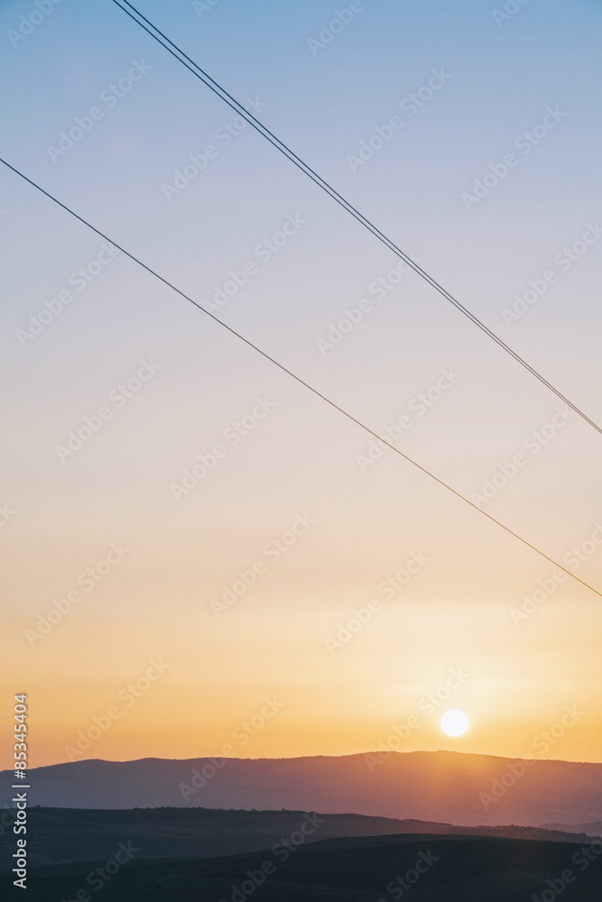 Bulgaria, Balkan mountain range at sunset against the sun Bulgaria, Balkan mountain range at sunset against the sun