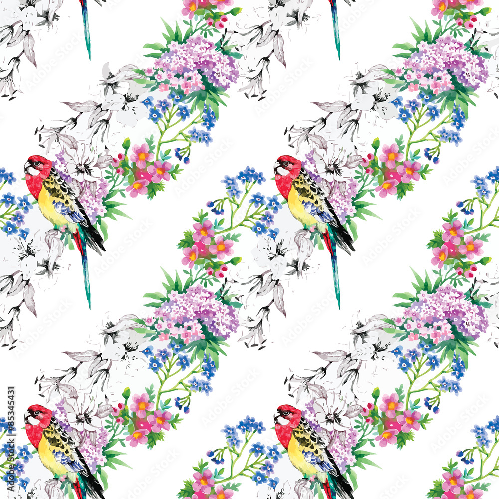 Fototapeta premium bird, tropical, palm tree, watercolor, pineapple, pattern, wallpaper, toucan