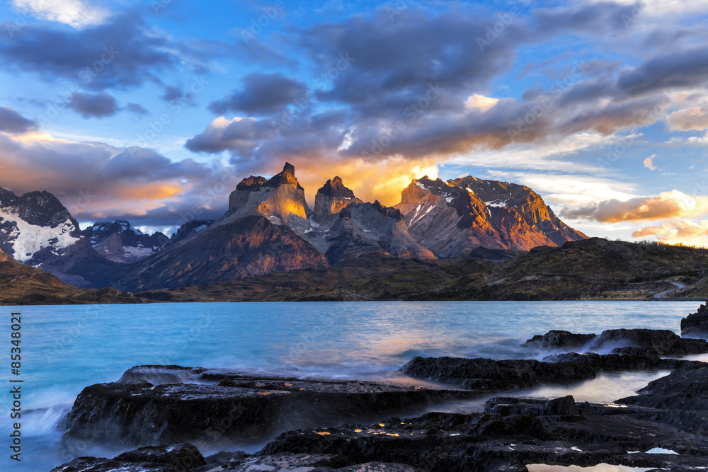Chile, Torres del Paine National Park, sunrise at Lago Pehoe Chile, Torres del Paine National Park, sunrise at Lago Pehoe