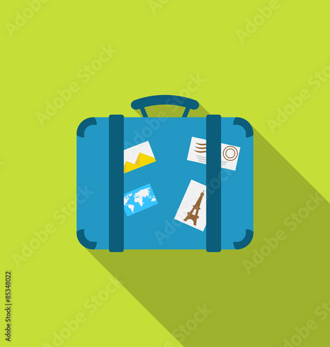 Flat modern icon of handle baggage with funky stickers and photo