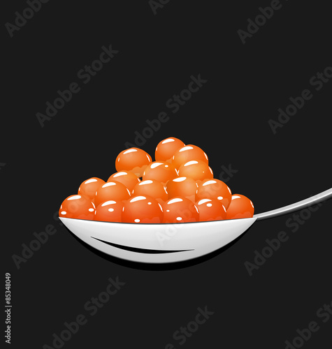 Teaspoon with red caviar isolated on black background