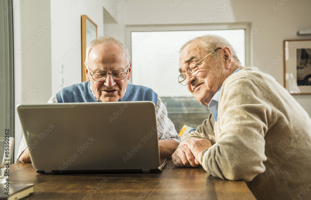 Two senior friends looking at laptop Two senior friends looking at laptop