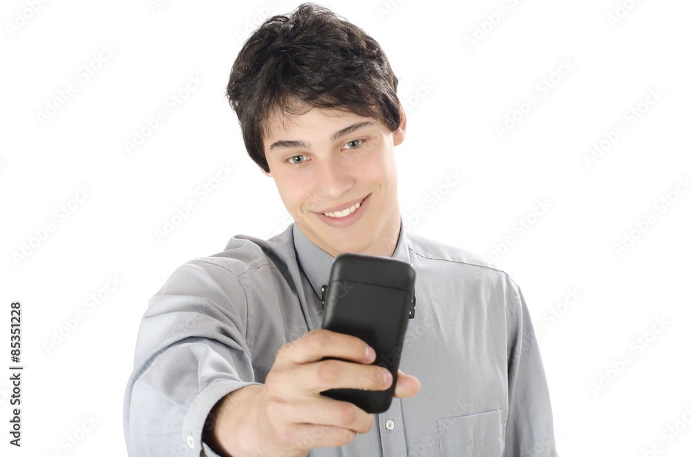 Happy businessman taking a selfie photo with his smart phone. Elegant man holding up his mobile phone. Isolated on white background. Happy businessman taking a selfie photo with his smart phone. Elegant man holding up his mobile phone. Isolated on white background.
