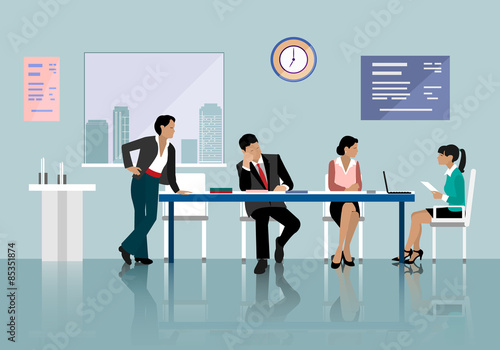 People talking and working in office. Staff around table working with laptop tablet. Office meeting room. 3d isometric business people
