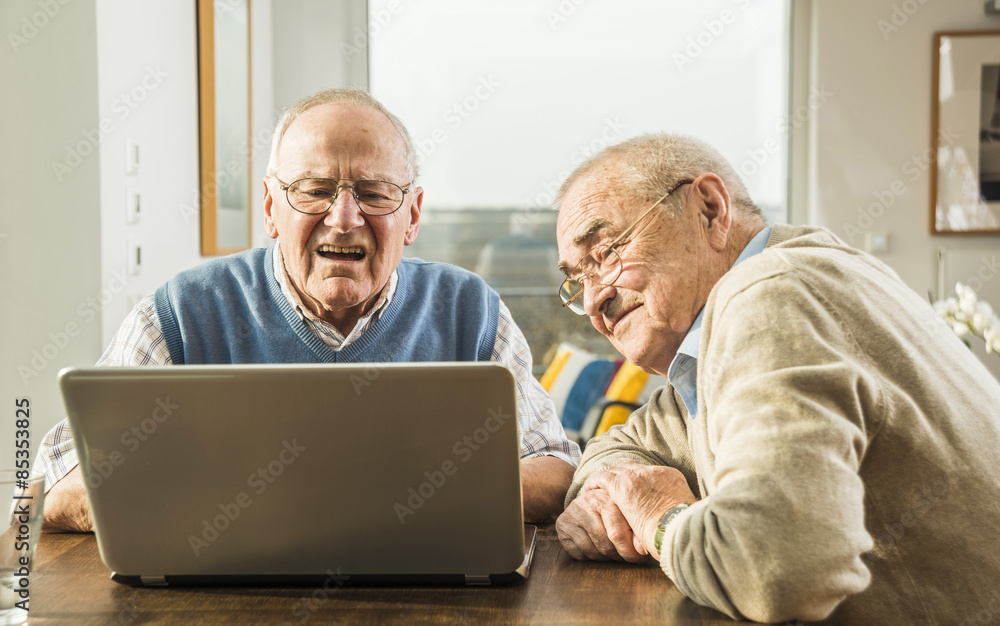 Two senior friends looking at laptop Two senior friends looking at laptop