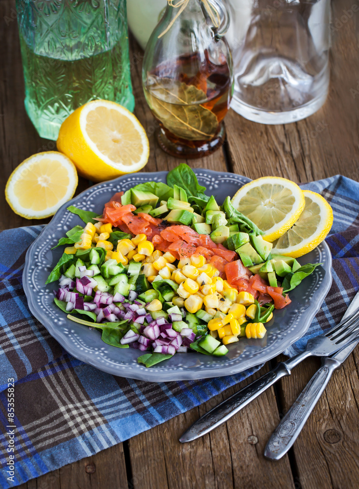 Salmon, avocado, corn, cucumber and onion salad Salmon, avocado, corn, cucumber and onion salad