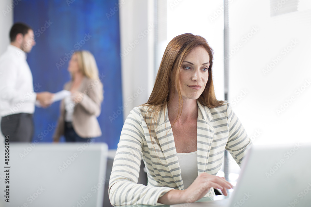 Businesswoman in office working on laptop Businesswoman in office working on laptop