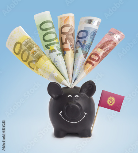 Various european banknotes in a happy piggybank of Kyrgyzstan.(s photo