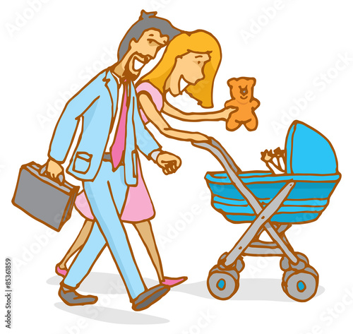 Family or parent couple watching their baby on stroller