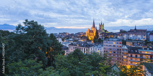 Switzerland, Lausanne, cityscape with cathedral Notre-Dame at dusk