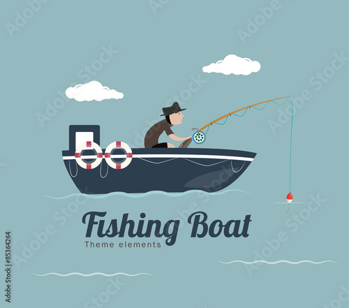 Fishing on the boat. Vector flat styled illustration.