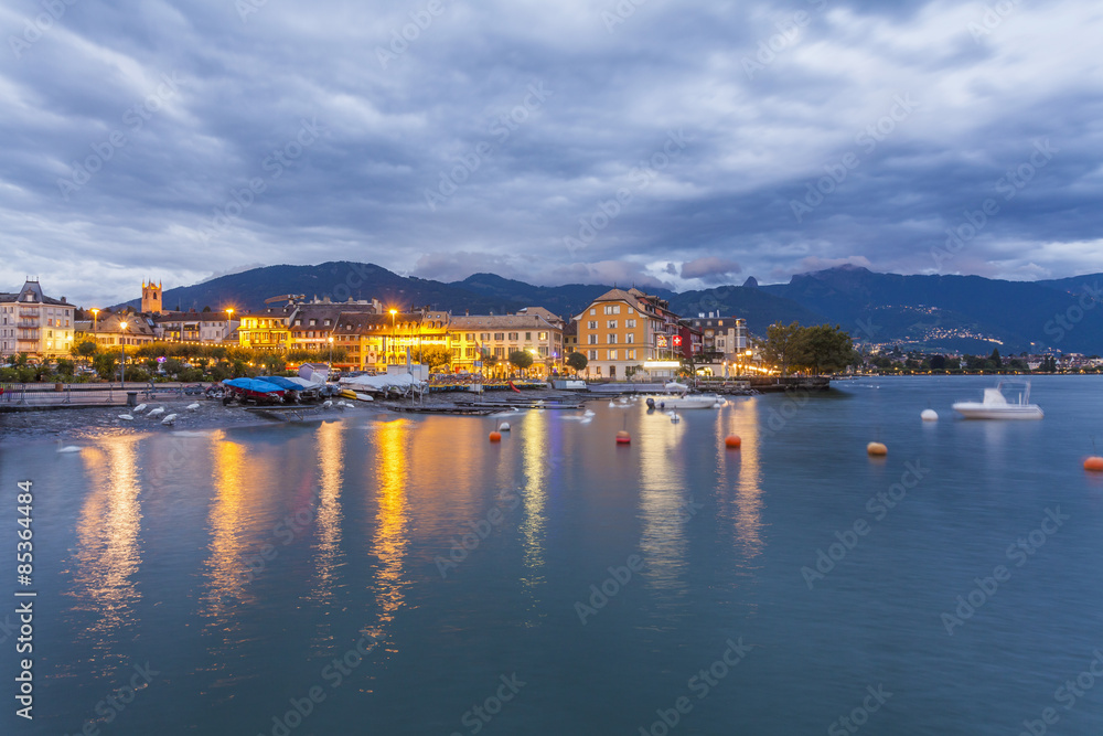 Switzerland, Vevey, Lake Geneva, townscape at dusk Switzerland, Vevey, Lake Geneva, townscape at dusk