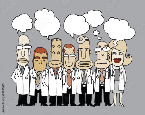 Team of  Doctors stand and talk in speech bubbles photo