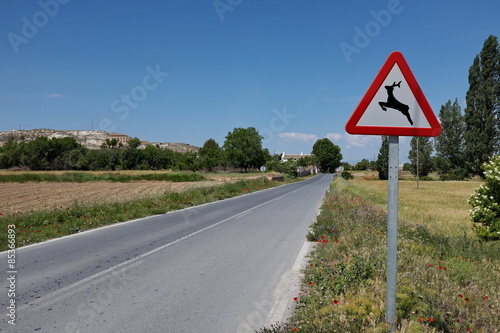 Panneau de signalisation "passage d'animaux sauvages" au bord de la route. Espagne, Andalousie.