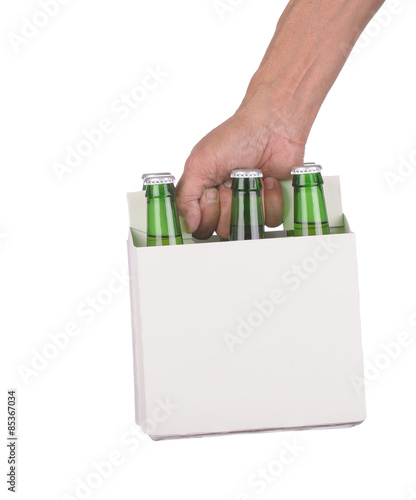 Fotografie Hand holding a six pack of beer bottles