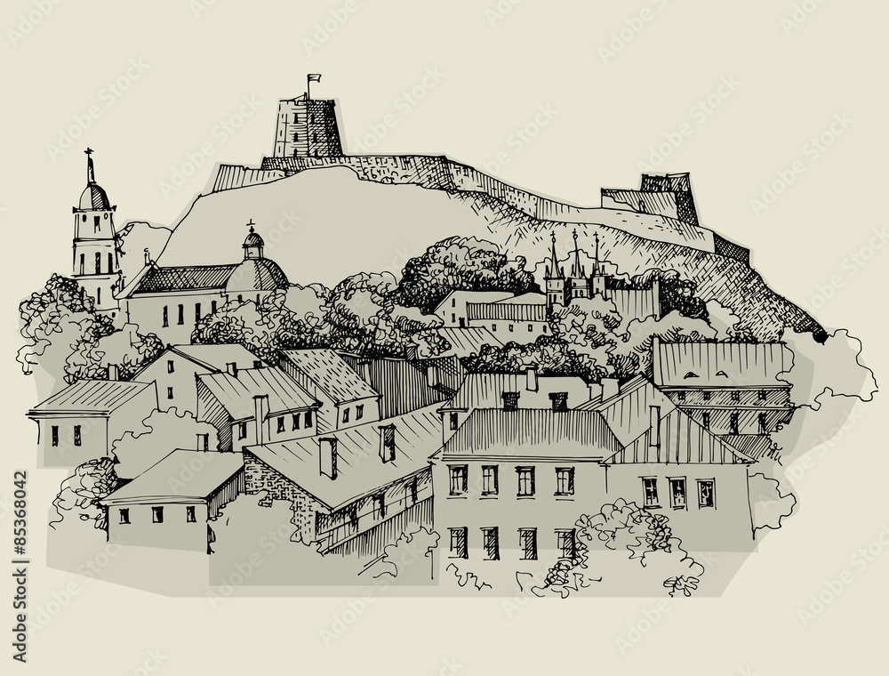 Obraz premium Architecture of old town, hand drawn sketch