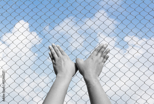bird hand sign inside fence