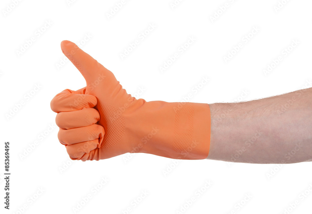 Orange glove for cleaning show thumbs up Orange glove for cleaning show thumbs up