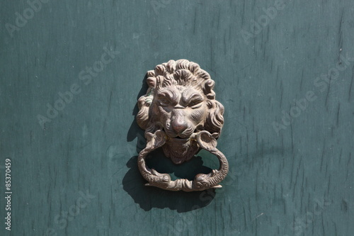 Door knocker in the shape of a lion on old wood door