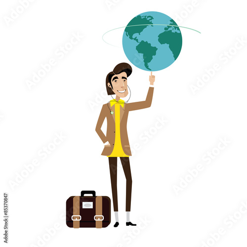 Traveller man spinning globe on finger