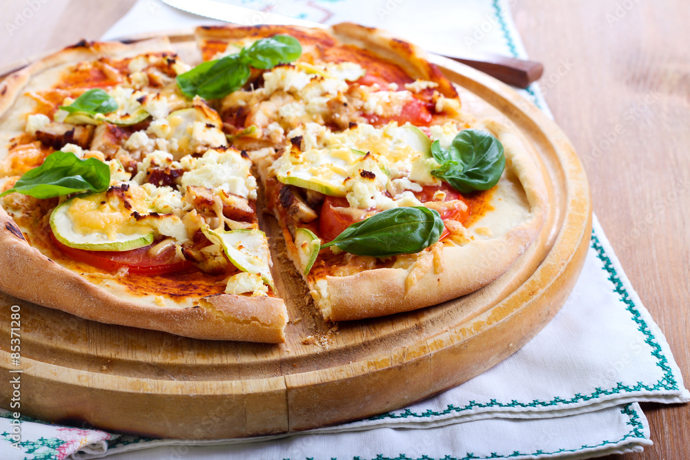 Courgette, chicken and feta pizza