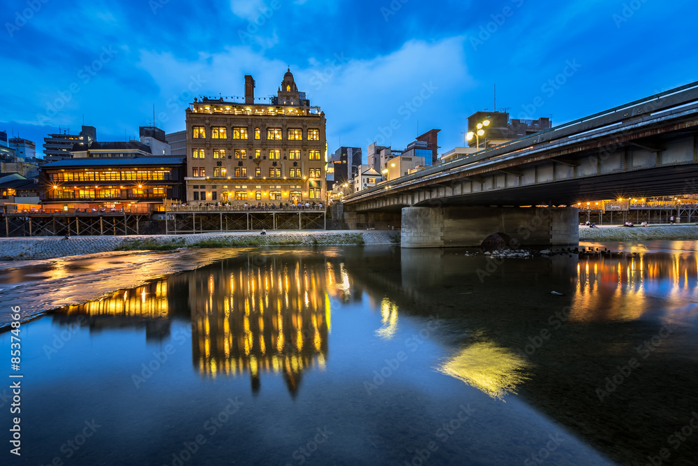 Kamo River and Shijo Dori Bridge in the Evening, Kyoto, Japan Kamo River and Shijo Dori Bridge in the Evening, Kyoto, Japan