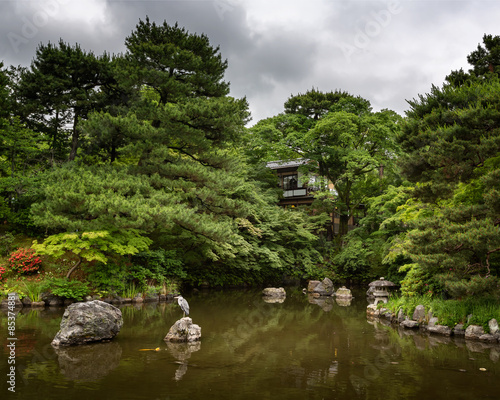 Heron sitting on the rock in the Pondin, Maruyama Park, Kyoto, J photo