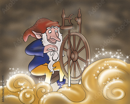 Rumpelstiltskin had spun with a magic spindle making gold. This is a digital illustration of a Grimm's fairy tale.