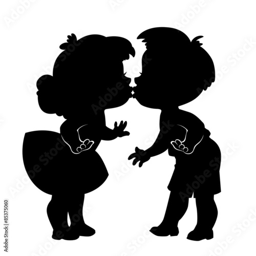 Silhouette of two kissing children on white background