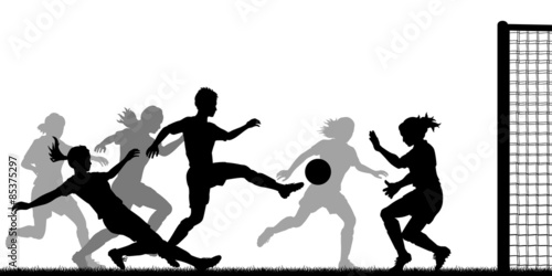 EPS8 editable vector silhouette of action in a ladies football match with all figures as separate objects