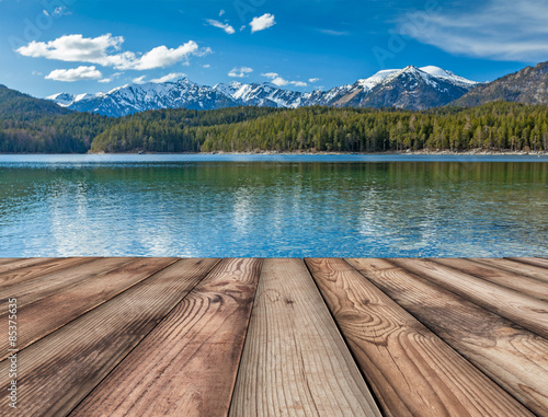 Wooden planks background with lake, Germany