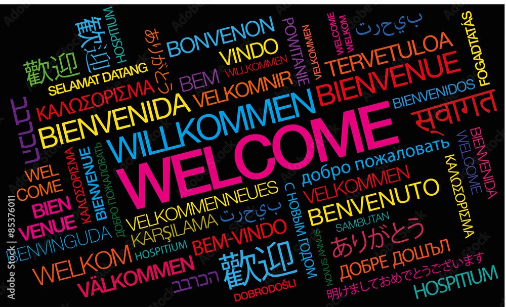 Welcome Willkommen Bienvenue Bienvenida Benvenuto Bem-vindo words tag cloud  colors text Stock Illustration