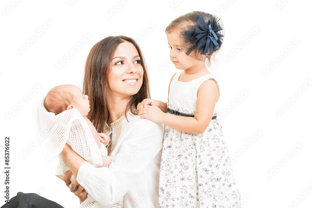 Happy mother with daughter and newborn baby isolated Happy mother with daughter and newborn baby isolated