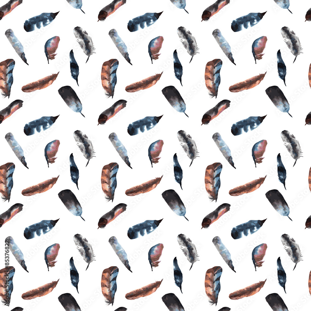 seamless pattern of watercolor dark feathers on a white backgrou seamless pattern of watercolor dark feathers on a white backgrou