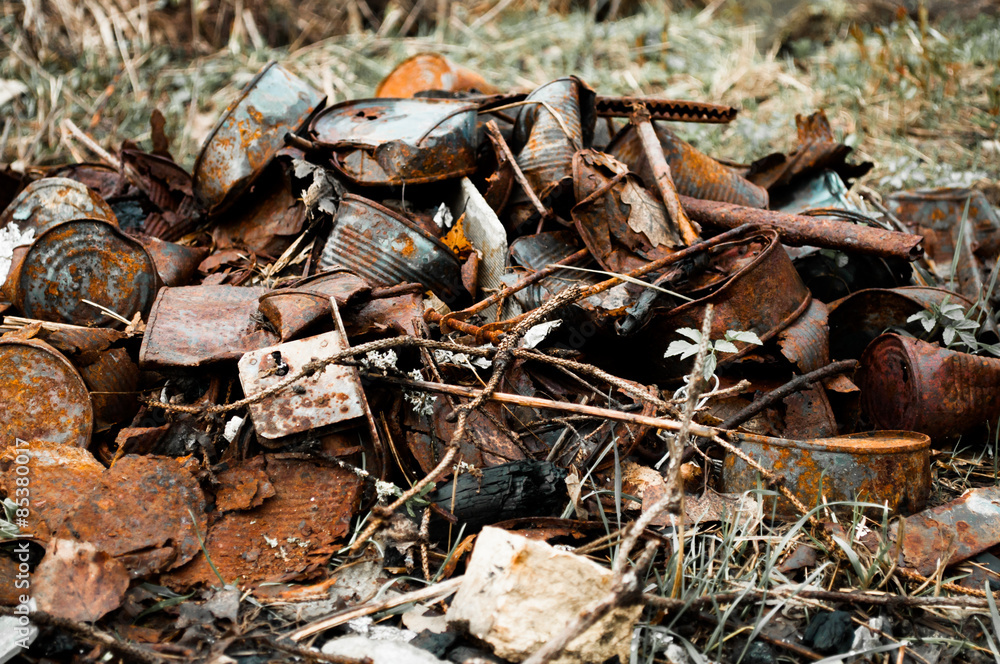 Pile rusty cans garbage on nature Pile rusty cans garbage on nature