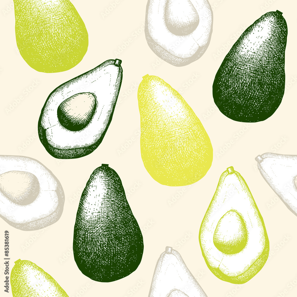 Vector seamless pattern with ink hand avocado for kitchen and restaurant design. Vintage tropical fruit background isolated on white. Vector seamless pattern with ink hand avocado for kitchen and restaurant design. Vintage tropical fruit background isolated on white.