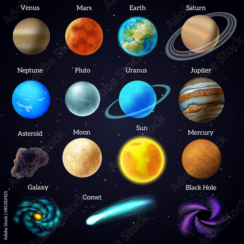 Cosmos stars planets galaxy icons set 
