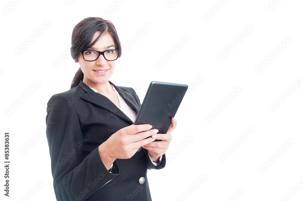 Friendly saleswoman holding a tablet Friendly saleswoman holding a tablet