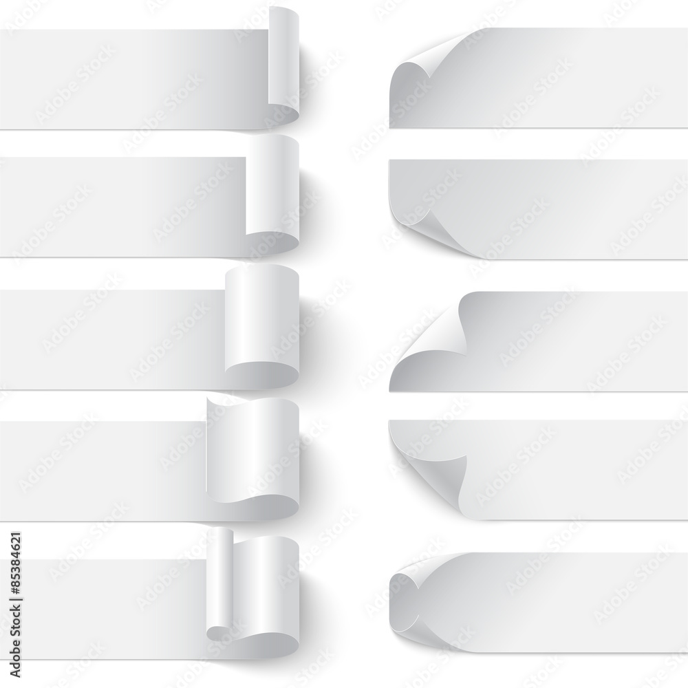 Set of curled blank paper banners with shadows on white backgrou Set of curled blank paper banners with shadows on white backgrou
