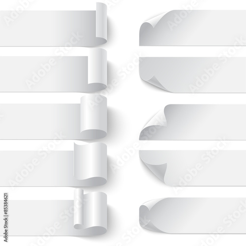 Set of curled blank paper banners with shadows on white backgrou