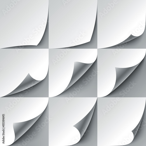 Set of 9 white paper curled corners with realistic shadows