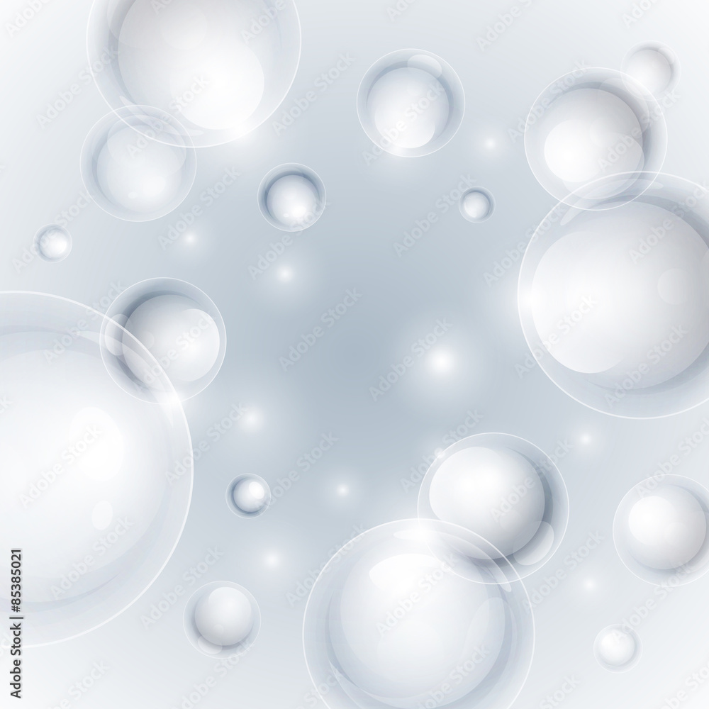 Realistic shiny transparent water drop bubbles on light grey bac