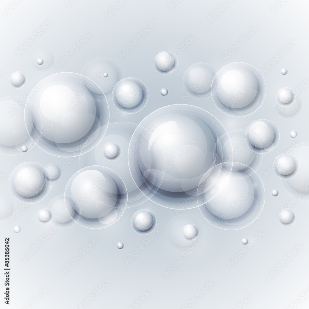 Realistic shiny transparent water drop bubbles on light grey bac