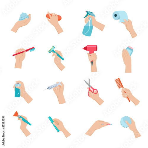 Hand holding objects icons set