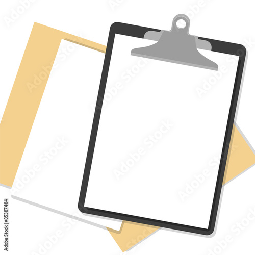 Flat clipboard with paper sheets on desk. Vector illustration